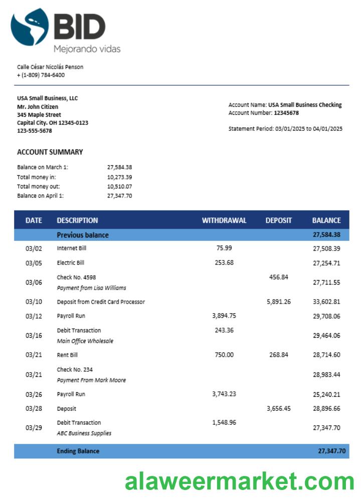 BID business account statement Word and PDF template